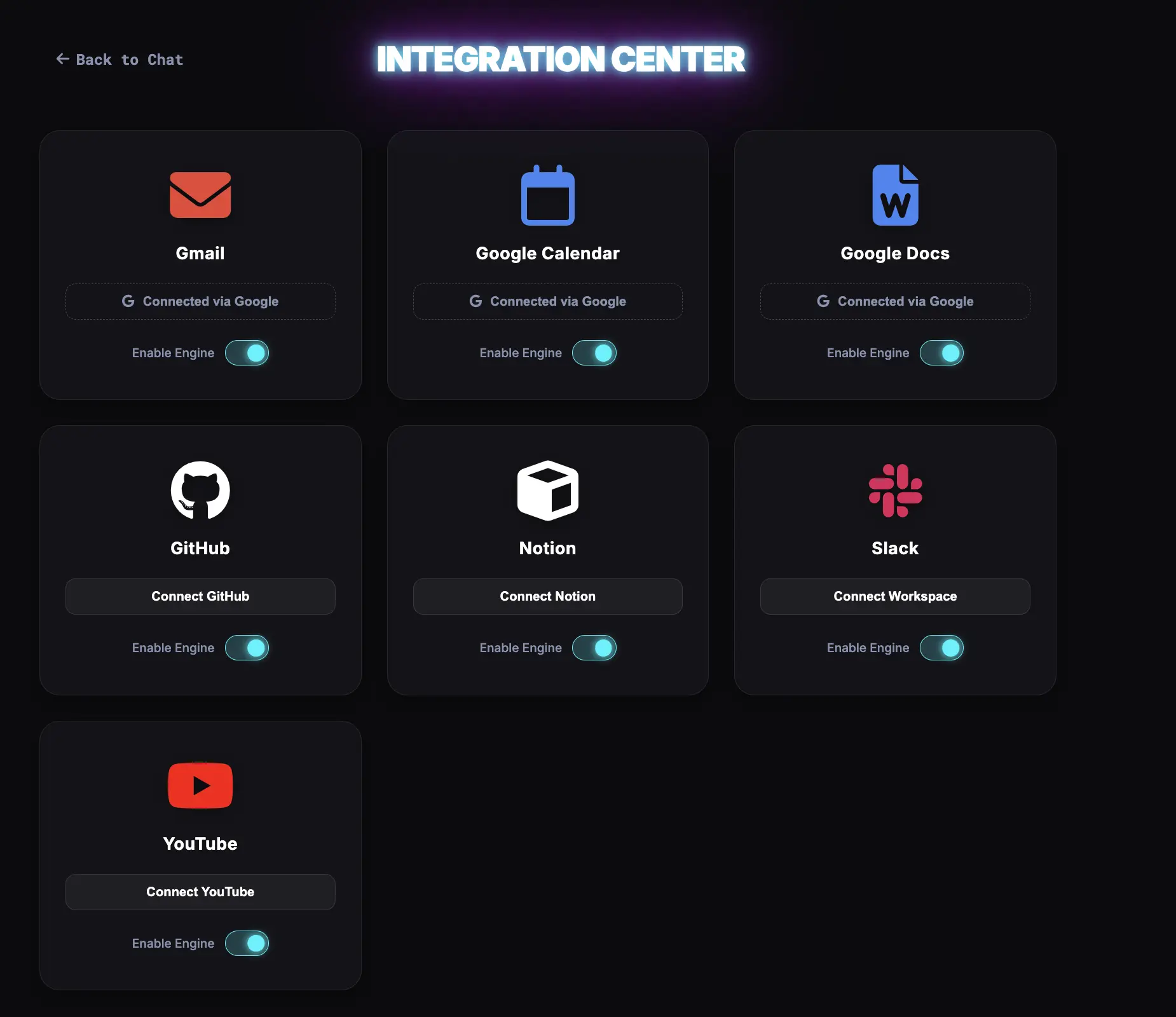 Ask Me Integration Center showing Google Workspace, GitHub, Notion, Slack and YouTube