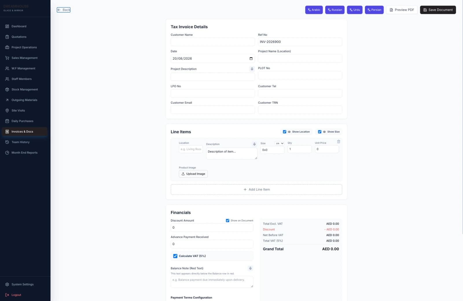 Dream House Glass and Mirror business system — Tax Invoice Builder