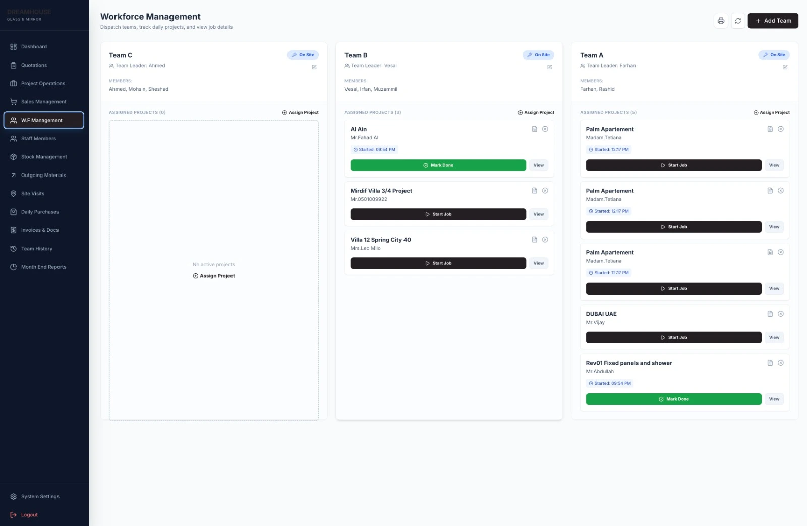 Dream House Glass and Mirror business system — Workforce Management