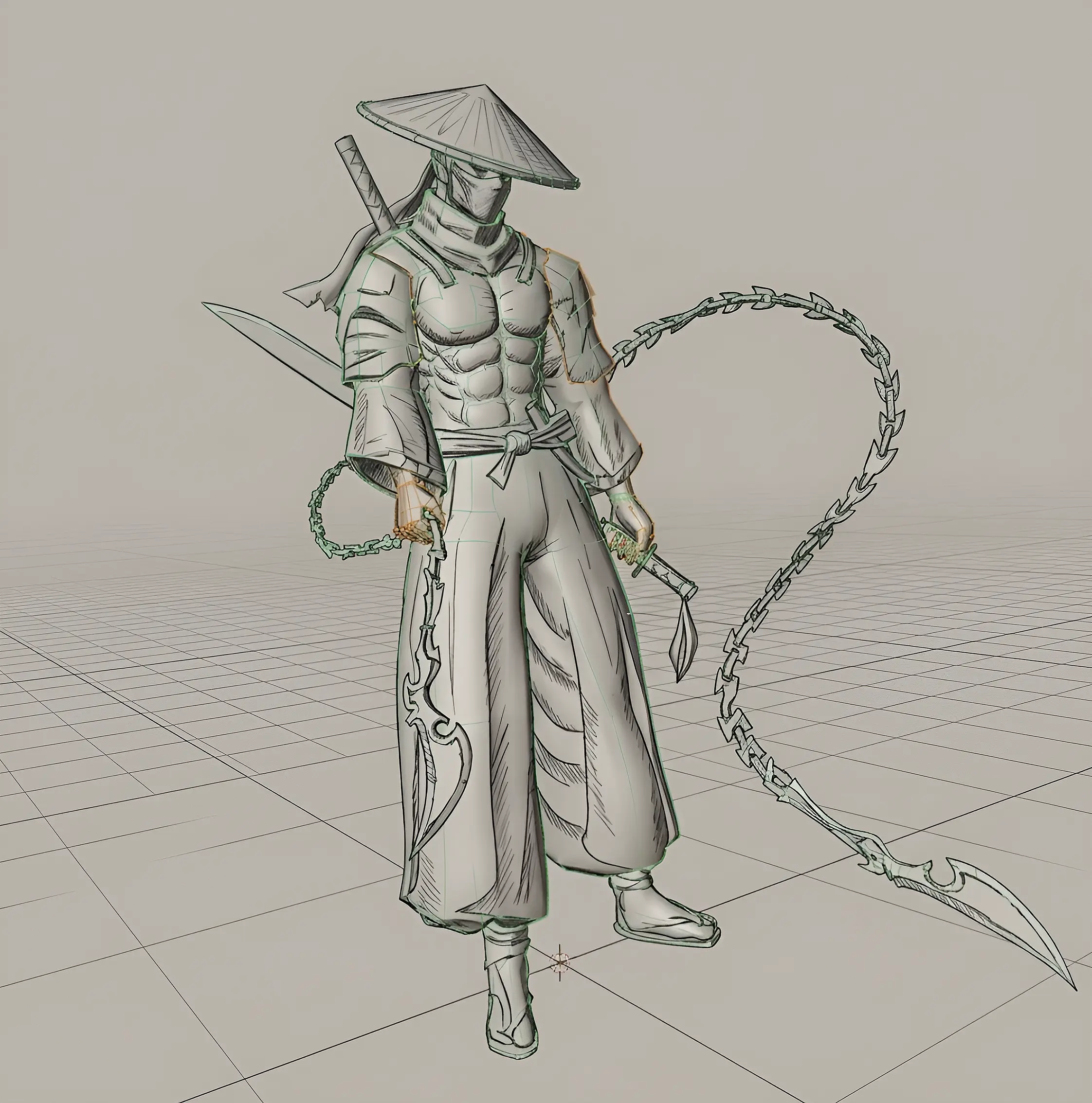 Character development render featuring a conical-hat swordsman with a chained weapon