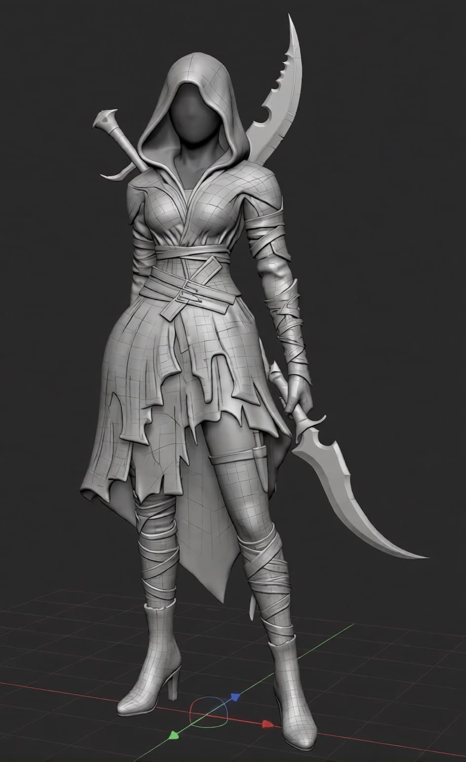 Character development render featuring a blindfolded modern fighter with firearms