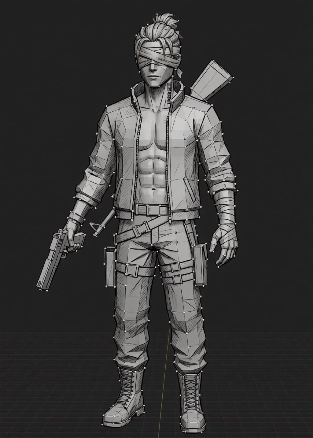 Character development render featuring a hooded female blade character